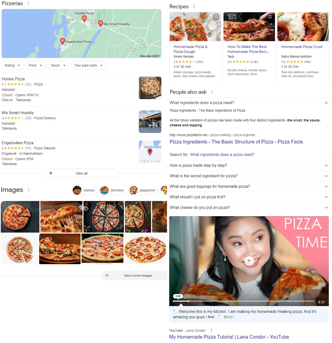 Five examples of rich results generated using microdata or other forms of structured data