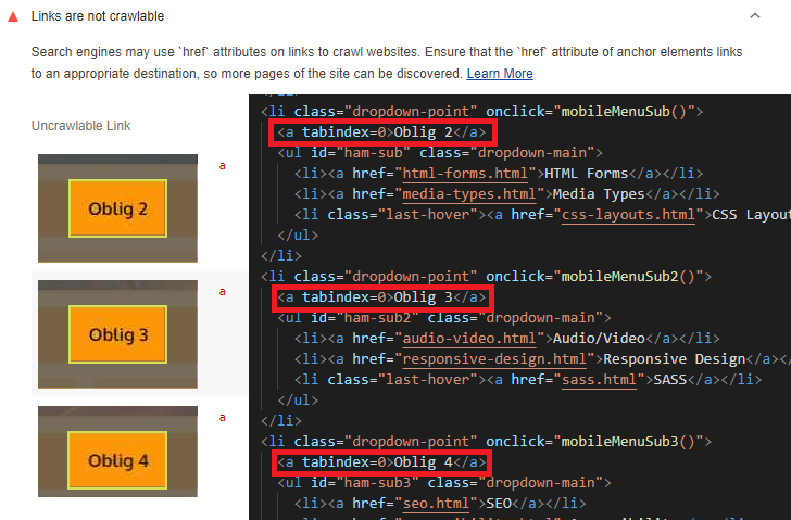 Flagged items relating to my website's SEO that could be potential problems