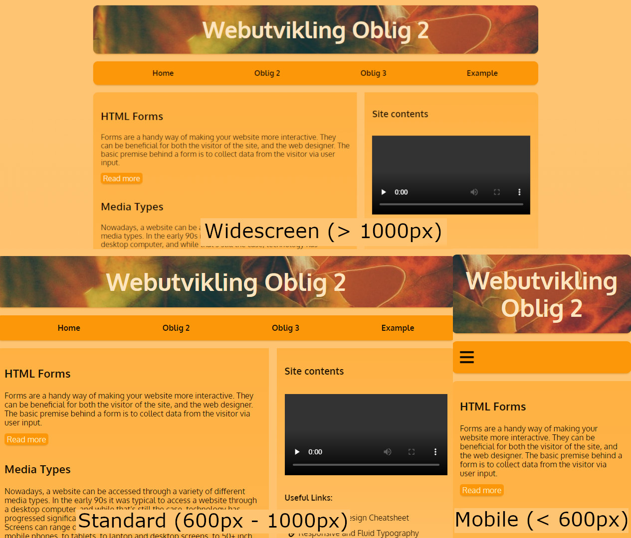 A comparison of the three layouts used on this website
