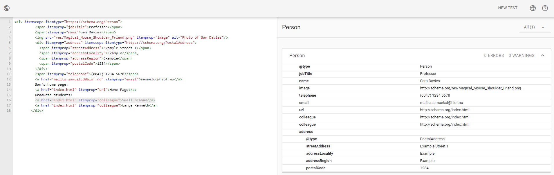 Validating a snippet of code with microdata markup