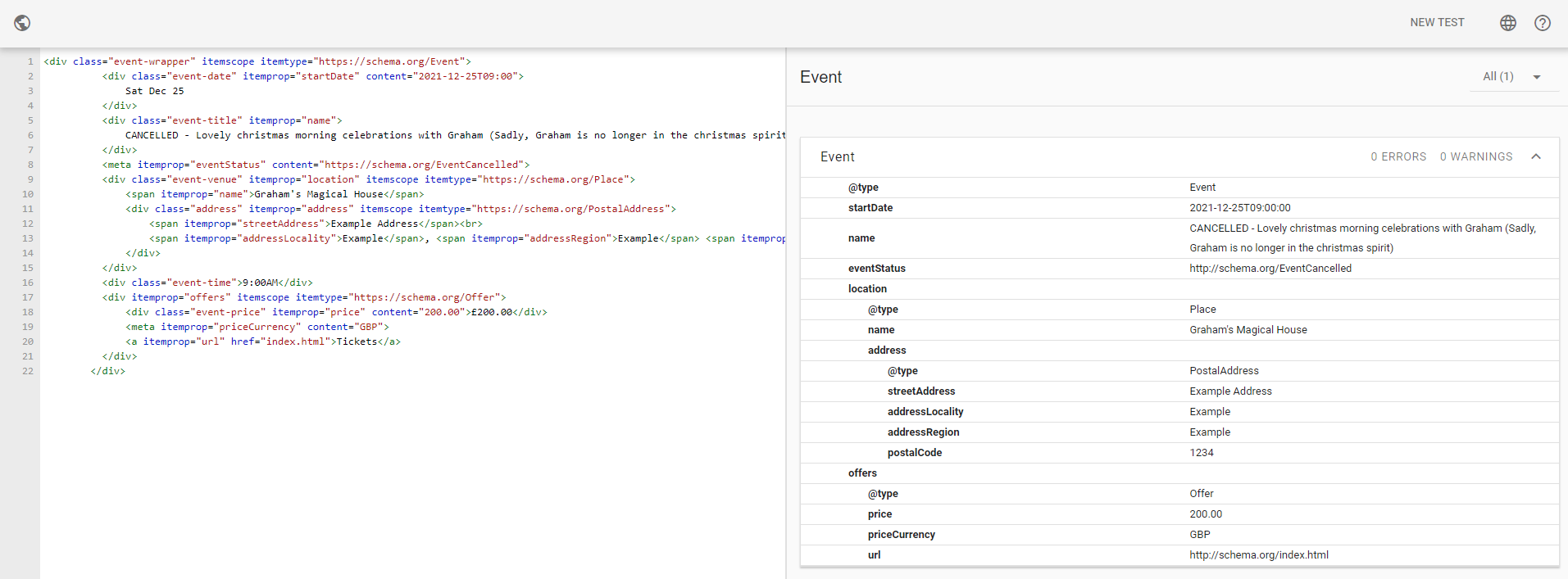 Validating a snippet of code with microdata markup