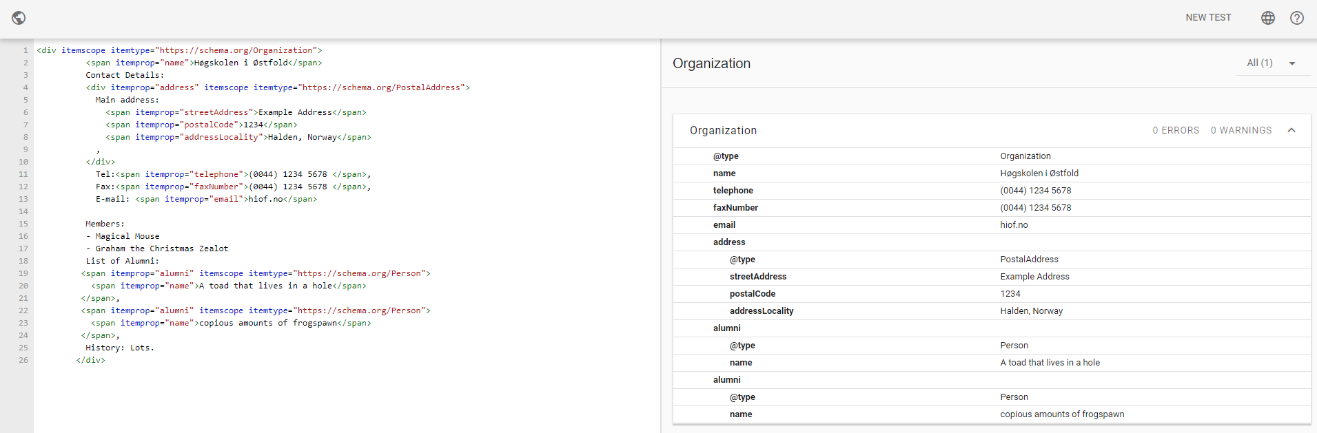 Validating a snippet of code with microdata markup