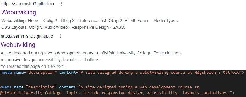 A screenshot of a Google result of my site, along with two versions of my metadata description.